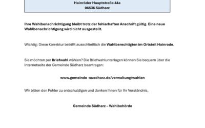 Wichtige Information zur Wahl  für Wahlberechtigte im Ortsteil Hainrode