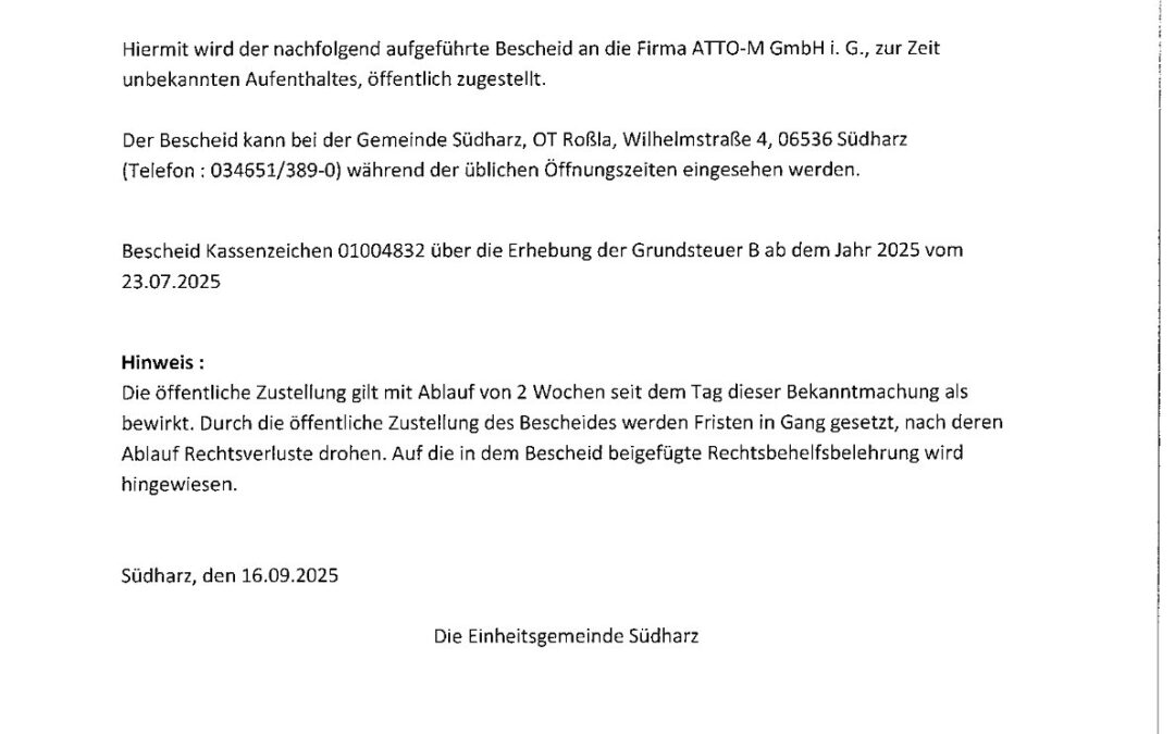 Öffentliche Zustellung – Benachrichtigung nach § 1 Abs. 1 Satz 1 VwZG-LSA i.V.m. § 10 Abs. 1 Nr. 1 VwZG
