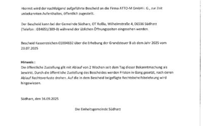 Öffentliche Zustellung – Benachrichtigung nach § 1 Abs. 1 Satz 1 VwZG-LSA i.V.m. § 10 Abs. 1 Nr. 1 VwZG