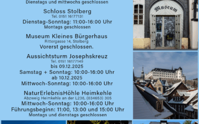 Geänderte Öffnungszeiten der touristischen und musealen Einrichtungen der Gemeinde Südharz bis zu den Weihnachtsferien!
